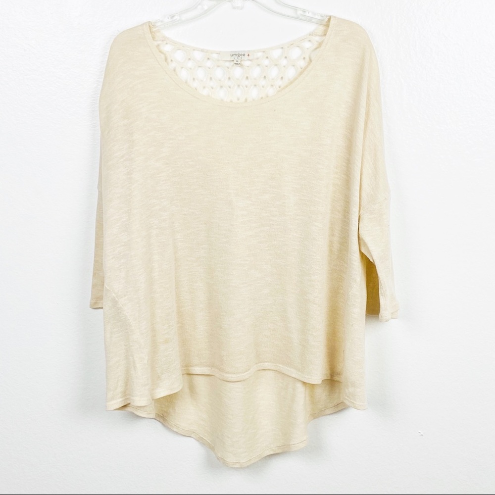 UMGEE Cream Back Crochet High Low 3/4 Sleeves Top XL Boho Festival Concert - Picture 2 of 9